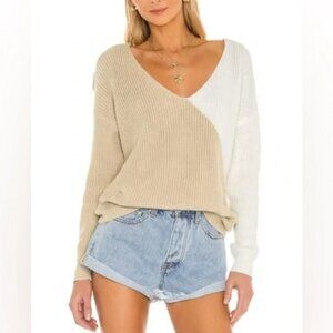 Superdown Womens Trish Knot Sweater in Beige & White size small Knit Cozy